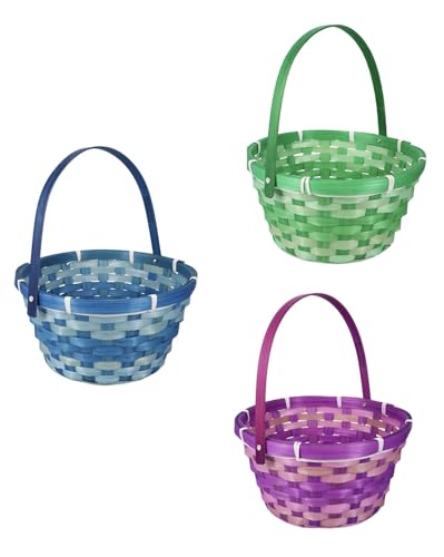 Woven Bamboo Round Hinged Handles Easter Basket Bright Assort Colors Set of 3 1Blue 1Green 1Purple Measures 10.2