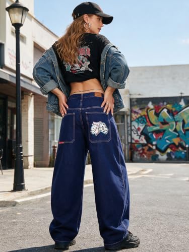 Image of EMMIOL Women Hip Hop 90s Vintage Baggy Jeans Denim Pants Mid Waist Jeans