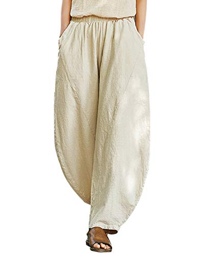 Aeneontrue Women's Linen Harem Pants Casual Loose Baggy Wide Leg Pleated Trousers Beige S