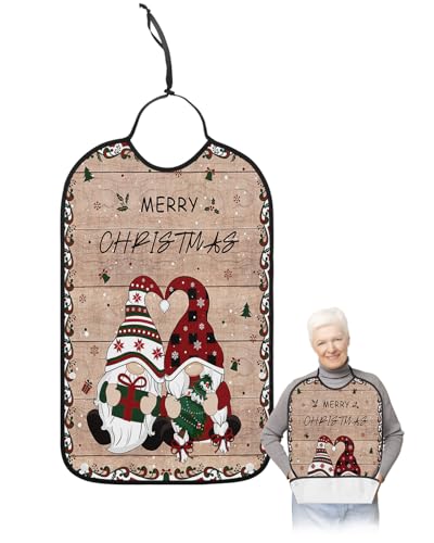 Christmas Adult Bib for Eating with Crumb Catcher, Farmhouse Winter Gnomes Plaid Brown Washable & Waterproof Terry Cloth Adjustable Elderly Women Men Adult Bibs Funny Apron Reusable Clothing Protector