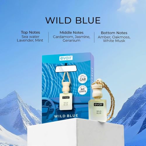 Image of Evair Hanging Car Air Freshener | Car Accessories Interior | Car Perfume Aroma with Essential Oils Fragrance in Glass Bottle with Wooden Diffuser Lid | 10 ml - Pack of 2 (Ocean Rush & Wild Blue)