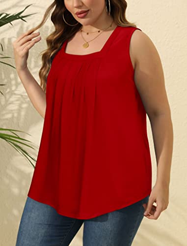 Image of Saloogoe Summer Tank Tops for Women Loose Fit Pleated Square Neck Sleeveless Tops Curved Hem Flowy