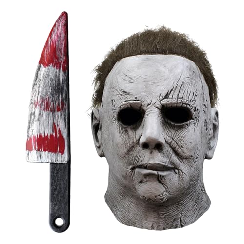 Photo de Byhsoep Michael Myers Masque avec Faux Couteau Halloween Masque Horreur Mike Myers Latex Realiste Cosplay Déguisement four Halloween, Carnaval, Mascarade