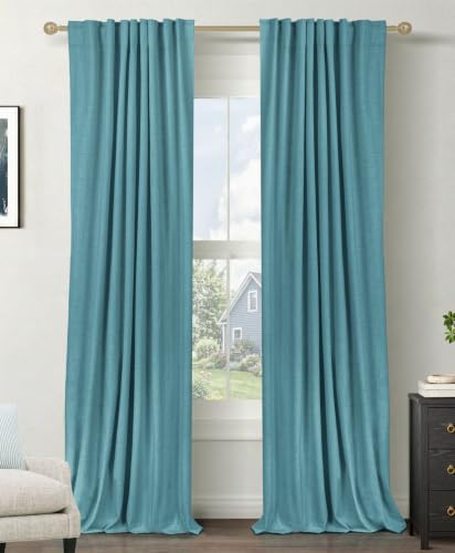 Image of Faux Linen Total Blackout Curtains for Bedroom 90 Inches Long, Dark Cyan