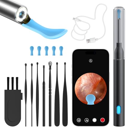 Ear Wax Removal Tool Camera with 8 Kits & 5 Ear Spoon, Ear Cleaner with Camera 1080P HD, Earwax Removal Kit with 6 LED Lights, Ear Wax Removal Kit for iOS & Android (Black)