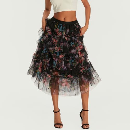 Women's Velvet Floral Mesh Skirt Elastic High Waist Double Layered Midi Skirt 3D Floral Print Tutu Tulle Skirt3