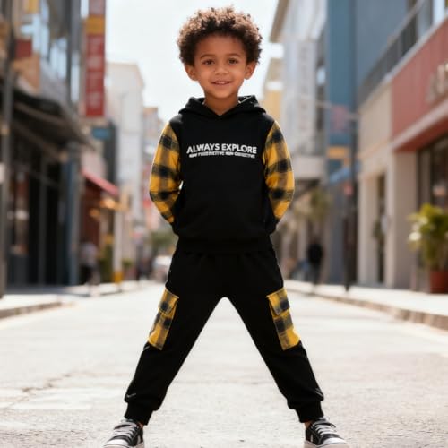Image of OLMRJKD Toddler Baby Boy Clothes Plaid Long Sleeve Hoodie Sweatshirt + Pants 2pcs Boys Outfit Set
