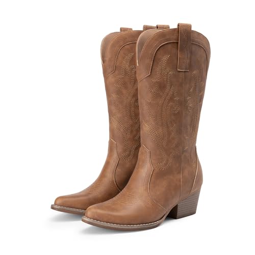 Image of DREAM PAIRS Women's Cowboy Cowgirl Western Boots | Embroidered Pointed Toe Low Heel Western Mid Calf Boots for Theme Party Country Concert