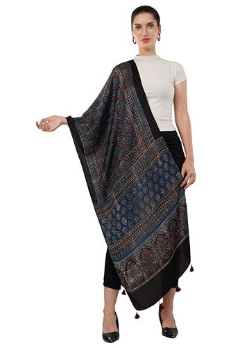 Exclusive hand block-printed, natural dyed Modal silk Ajrakh stole,Scarf, Warm Stole, Indian handmade silk stole/scarf with tassels(Design-7)4