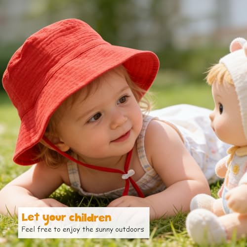 Baby Sun Hat Infant Toddler Summer Bucket Hat, Medical Cotton Yarn Sun Hats for Baby Boys Girls 6-24 Months Red — view 3