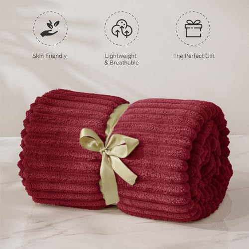 Image of BEDELITE Fleece Throw Blanket for Couch - 3D Ribbed Jacquard Soft and Warm Decorative Fuzzy Blanket - Cozy, Fluffy, Plush Lightweight Burgundy Throw Blankets for Bed, Sofa, 50x60 inches