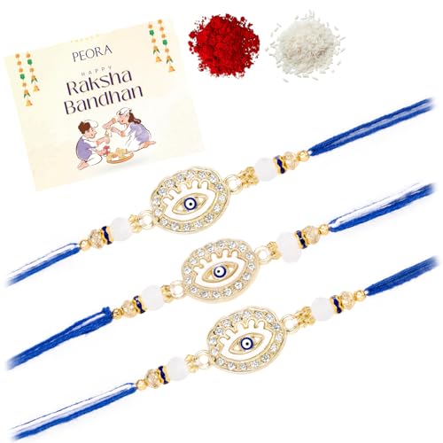 Image of Peora Evil Eye & Crystals Studded Rakhi for Brother Bhaiya | Red Thread | Raksha Bandhan Hamper with Roli Chawal Greeting Card