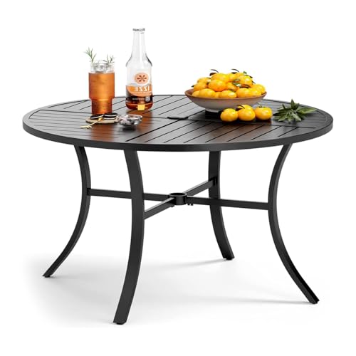 PHI VILLA Outdoor Round Dining Table for 4, 42" Large Metal Wrought Iron Table with Umbrella Hole, All Weather Dining Furniture for Patio, Deck, Yard, Porch - Black