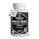 Complesso di Maca Nera Altamente Dosato, 30.000 mg per Dose Giornaliera, 500 mg di Estratto di Maca 20:1 con L-Arginina, Tribulus, Ginseng, Zinco, Vitamine B, 180 Capsule Vegane, Made in Germany
