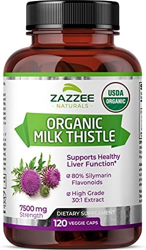 Zazzee USDA Organic Milk Thistle Extract Capsules, 120 Vegan Capsules, 7500 mg Strength, 80% Silymarin Flavonoids, Potent 30:1 Extract, USDA Certified Organic, Vegan, Non-GMO and All-Natural