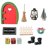 YUVKIN 13 PCS Porta Elfo Natale Kit, Accessori Elfo di Natale,Elfo Natale per Bambini Decorazione Elfo Legno Miniatura Con Luce Fata Porta Decorazione di Natale, Stivali, Recinzione, Ghirlanda, Scala