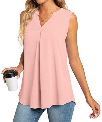 Anyhold Women's Summer Dressy Chiffon Notch V Neck Sleeveless Blouse Tops Loose Fit Casual Tank Tops Office Cute Work Shirts Medium, Pink #TOP1