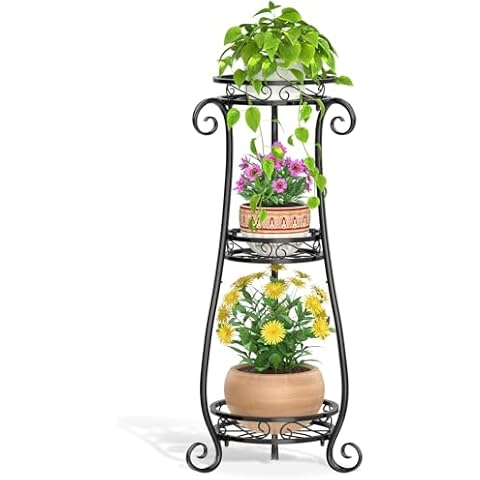 LASZOLA 3 Tier Black Metal Plant Stand for Multiple Large Planters Indoor Outdoor Organizer, Heavy Duty Tall Flower Stand for Corner Patio Bathroom Office, Modern Sturdy Vertical Iron Rack, Cat Proof Cover