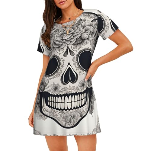 Chemise de nuit légère femme motif tête de mort mexicaine pyjama manches courtes