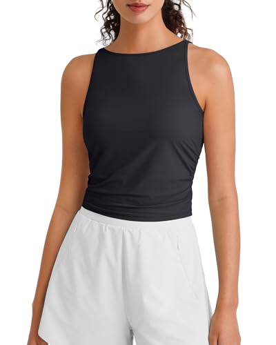 Image of G4Free Skimetic Workout Tank Tops for Women Side Ruched Sleeveless High Neck Crop Top Summer Athletic Gym Shirts