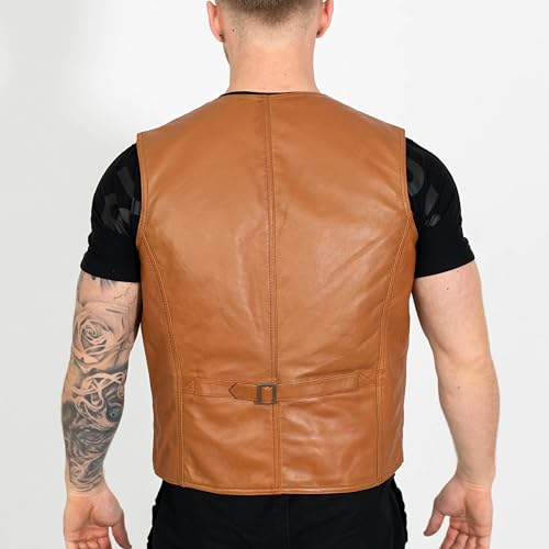 Image of BRICK LANE Men's Leather Vest | V-Neck Western Design Waistcoat with 4 Pockets - Lamb Nappa Leather Lightweight Jacket