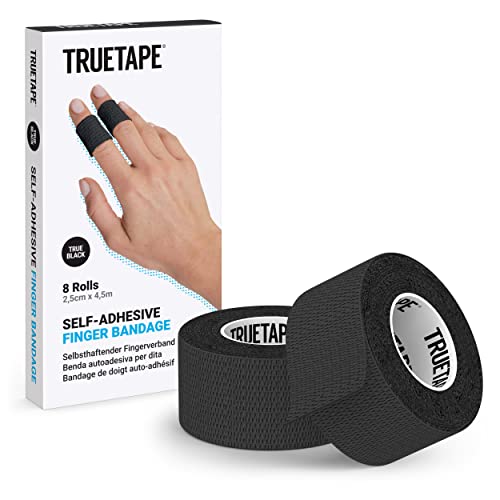 TRUETAPE® Benda adesiva per le dita | 8 rotoli di cerotti autoadesivi (2,5cm x 4,5m |Nastro repellente allo sporco I Benda adesiva stretta (Nero)
