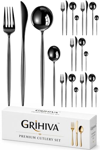 Image of 24 Pcs Black Slim Handle Stainless Steel Cutlery Set for Dining Table with Spoons and Forks Set + Butterknives - The Perfect Tableware /Flatware