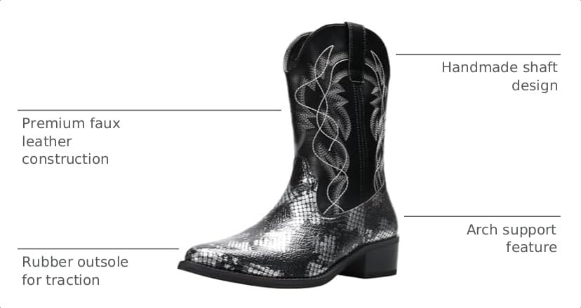 Image of Men's cowboy boots round toe boots embroidered with traditional Western country artificial snakeskin pattern