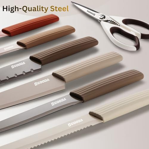 Image of 13-Piece Kitchen Knife Set | 6 Ceramic Coated Knives with 6 Blade Guards & Kitchen Scissors with Safety Cover | Chef, Santoku, Bread, Utility & Paring Knives | for Home & Restaurant Use | Multicolor