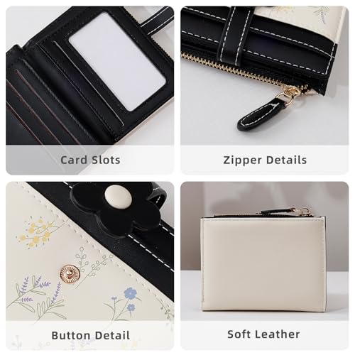 Small Wallets for Women, Cute Bifold Floral Flowers Ladies Wallet, Compact Credit Card Holder Cash Zipper Pocket with ID Window for Female (Black)3