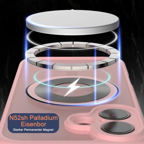 CLFZON für iPhone 16 Hülle (Kompatibel mit MagSafe) mit 2 Schutzfolie, (Vollständiger Kameraschutz) Kratzfest Transluzente Rückseite Magnetisch Handyhülle, Hellrosa