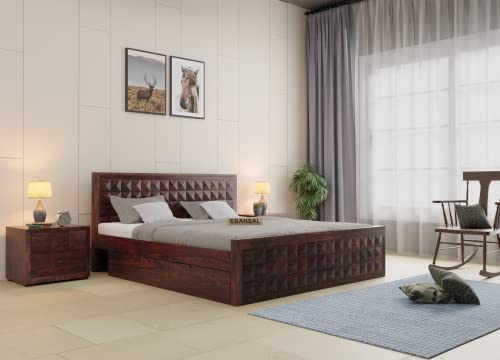 Image of Solid Wood King Size Bed for Bedroom | Wooden Furniture Crafted from Premium Sheesham Wood | Elegant Bedroom Double Bed with 2 Drawer Storage | Walnut Finish (82X75X42 Inches)