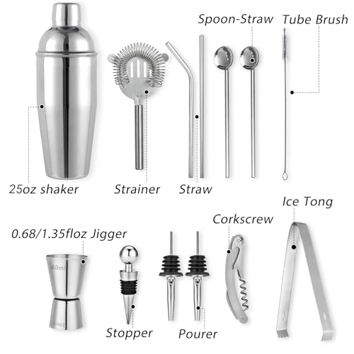 Cocktail Shaker Set Bartender Kit, Godmorn 15Pcs Bartender Shaker Set, 304 Stainless Steel Martini Shaker and Strainer, Bar Tool Set with Bamboo Stand, Recipe Book, for Home and Bar Party
