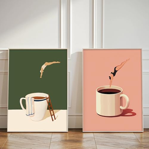 2 Affiche Cafe Vintage 30X40CM Poster Cuisine Humour Plongée Posture Tableau Art Abstrait Toile Decoration Murale Salon Affiche Art Abstrait sans Cadre...