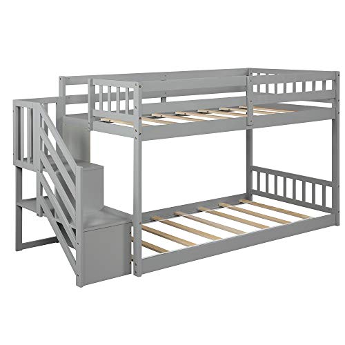 Bellemave, Stairway Low Bunk Beds Twin Over Twin With Storage Shelf Wood Kids Bed Bedroom With Full-Length Guard Rail Easy Assembly (Grey) #TOP5