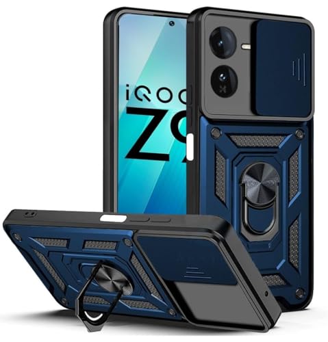 Image of SPAZY CASE Plastic Iqoo Z9X 5G Back Cover | Heavy Duty Hybrid Case with 360 Degree Rotating Finger Ring Holder + Slider Shutter Camera Protection Case for Iqoo Z9X 5G 5G - Blue