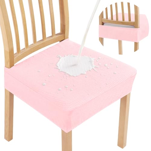 Image of Smiry Waterproof Seat Covers for Dining Room Chairs, No Rear Covers | Stretch Jacquard Removable Washable Chair Seat Slipcovers Protector, Set of 6, Blush Pink