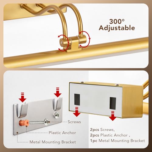 Image of Picture Light,5000mAh Battery Operated Wall Sconce,2Pack Art Light,Brass | 16inch Photo Lights for Wall,Remote Timer and Dimmer Gallery Light,Metal Painting Light for Portrait Display Frame