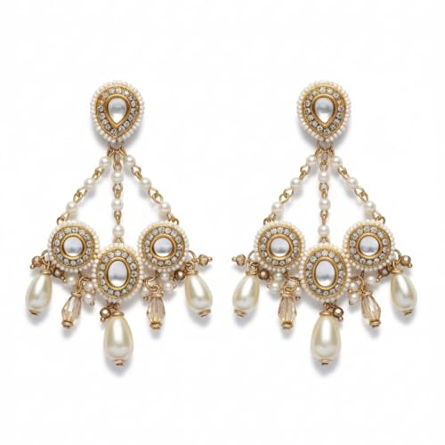 Image of SANJOYA by EVERSTYLISH Kundan Earrings for Women | Golden Polki & Pearl Drop Dangler Earrings | Ethnic Jewelry for Weddings, Festivals & Special Occasions