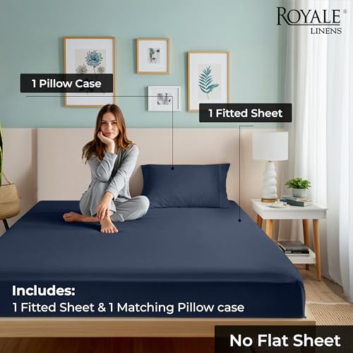 Image of ROYALE LINENS Fitted Sheet with Pillowcase - Twin Fitted Sheets with 1 Pillowcase - 300 Thread Count 100% Organic Cotton - Fit Mattress Up to 18 inch Deep - Ultra Soft & Breathable - Navy (No Flat Sheet)