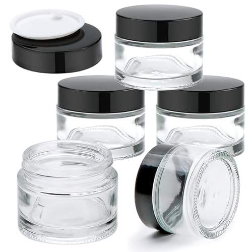 Glass Jars With Lids 2 oz 5 Pack - Clear Small Jar With Black Lids, Travel Containers With Inner Liners, Upgraded Mouth Design