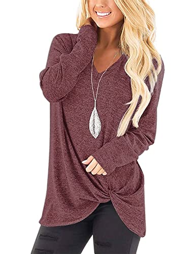 SimpleFun Womens Tops Long Sleeve Shirts V Neck Loose Fit Twist Knotted Fall Tunic Sweaters Blouses