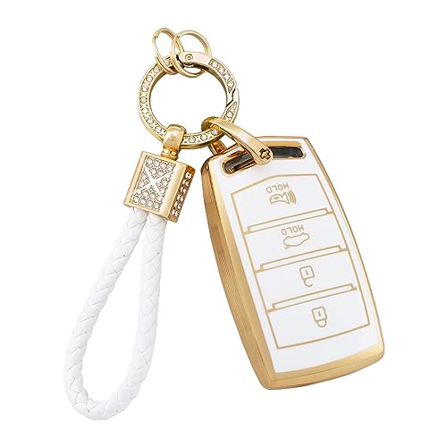 PIFOOG Key Fob Cover for Genesis G80 G90 G70 Accessories 4 Buttons Car Smart Keys Shell Case Bling Keychain Landyard Protector Protection Girly Women White Gold Cute TPU