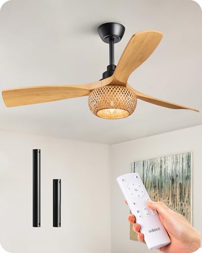 EDISHINE 42“ Boho Chic Ceiling Fans with Lights, Bamboo Cage, 3-ABS Blades, 10%-100% Dimmable, Timer, Remote Control, 6 Speeds, Indoor Quite Rattan Fan Ceiling for Living Room, Bedroom, Dining Room