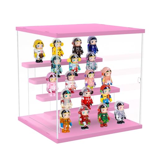 Nynelly Acrylic Display Case for Collectibles, 5 Tier Clear Rock Display Case Stand, Assemble Countertop Display Box Storage Showcase for Mini Funko Pop Figures Collectibles Toys,Pink