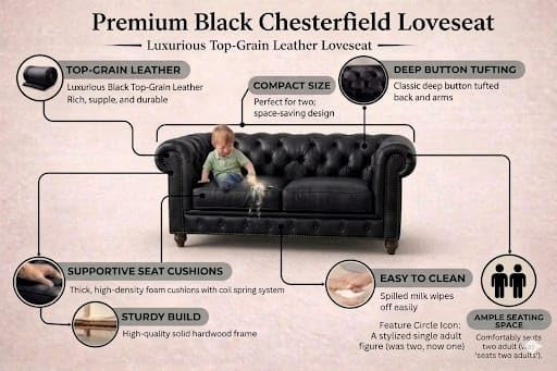 Image of Modern Classic Design Leatherette Luxury Chester Sofa Set with Button Tufted, Sofa for Living Room Home, Office, Living Room Set, Hotle and Lobby (Black, 2 Seater Sofa)