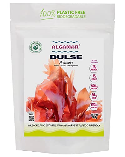 ALGAMAR Dulse - Algas marinas de 3.5 onzas, orgánicas, sin gluten, veganas, kosher y ecológicas, llenas de vitamina C, proteínas, potasio y minerales, lo mejor para ensalada de algas, dieta vegana,