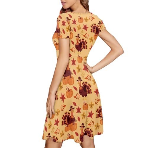 Image of Forchrinse Thanksgiving Turkey Dress for Women Fall Round Neck Midi Dresses Plus Size Short Sleeve Party Swing Sundress,S-4XL