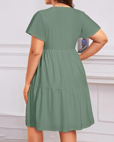 Image of Plus Size Summer Dress Casual Short Sleeve Button Midi Sun Dresses Women