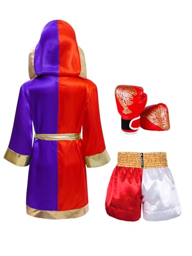 Kaerm Kids Boys Halloween Boxing Cosplay 3 Pcs Boxing Outfit Hooded Robe and Shorts Boxer Gloves and Shiny Belt2